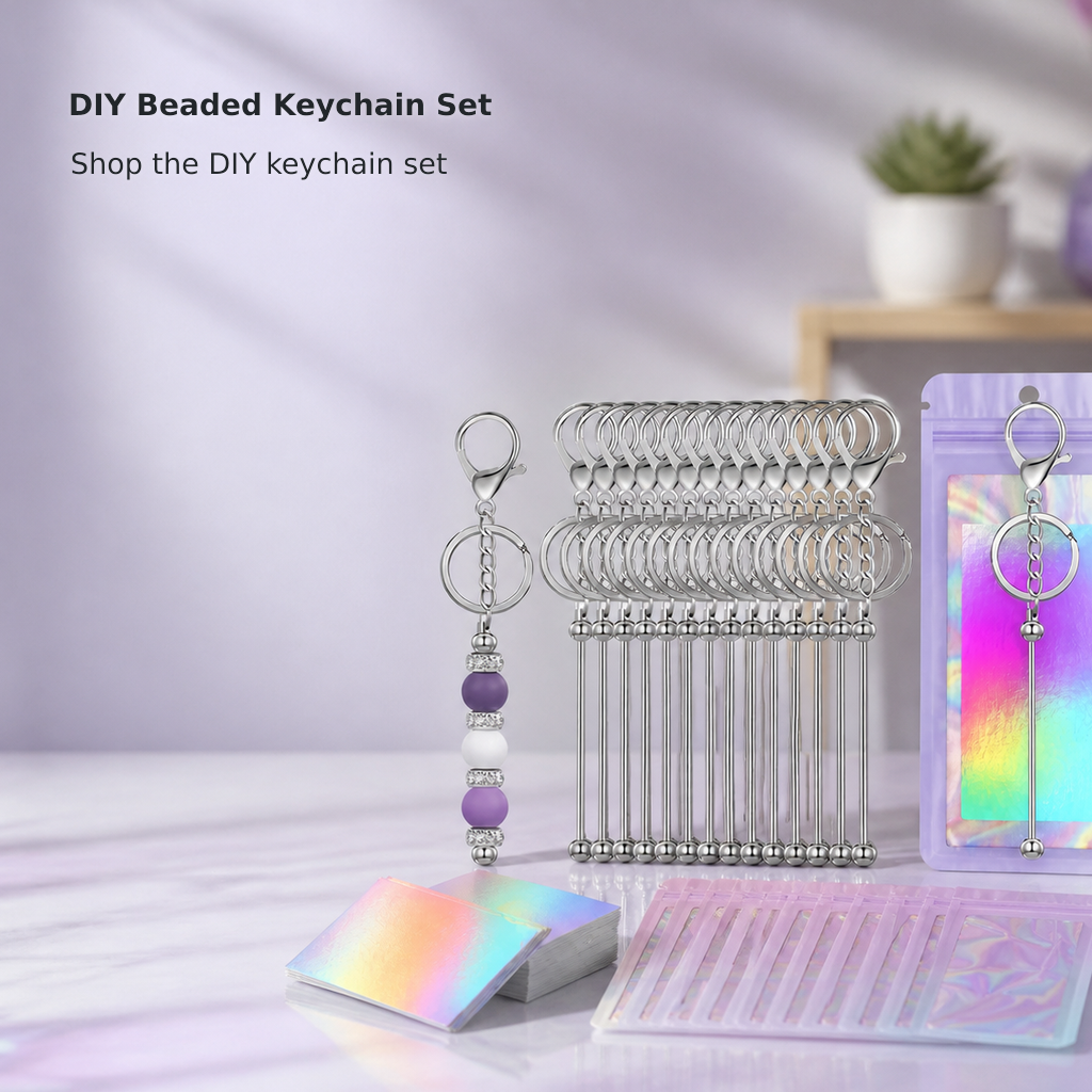 Bulk Blank Beaded Keychain Making Kit with Bags and Thank-You Cards