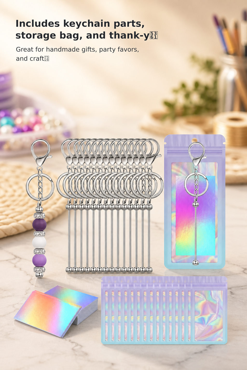 Bulk Blank Beaded Keychain Making Kit with Bags and Thank-You Cards